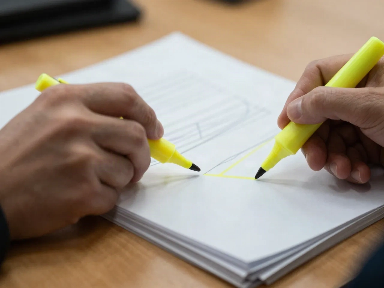 Hand die belangrijke zinnen markeert op een stapel geprinte pagina's