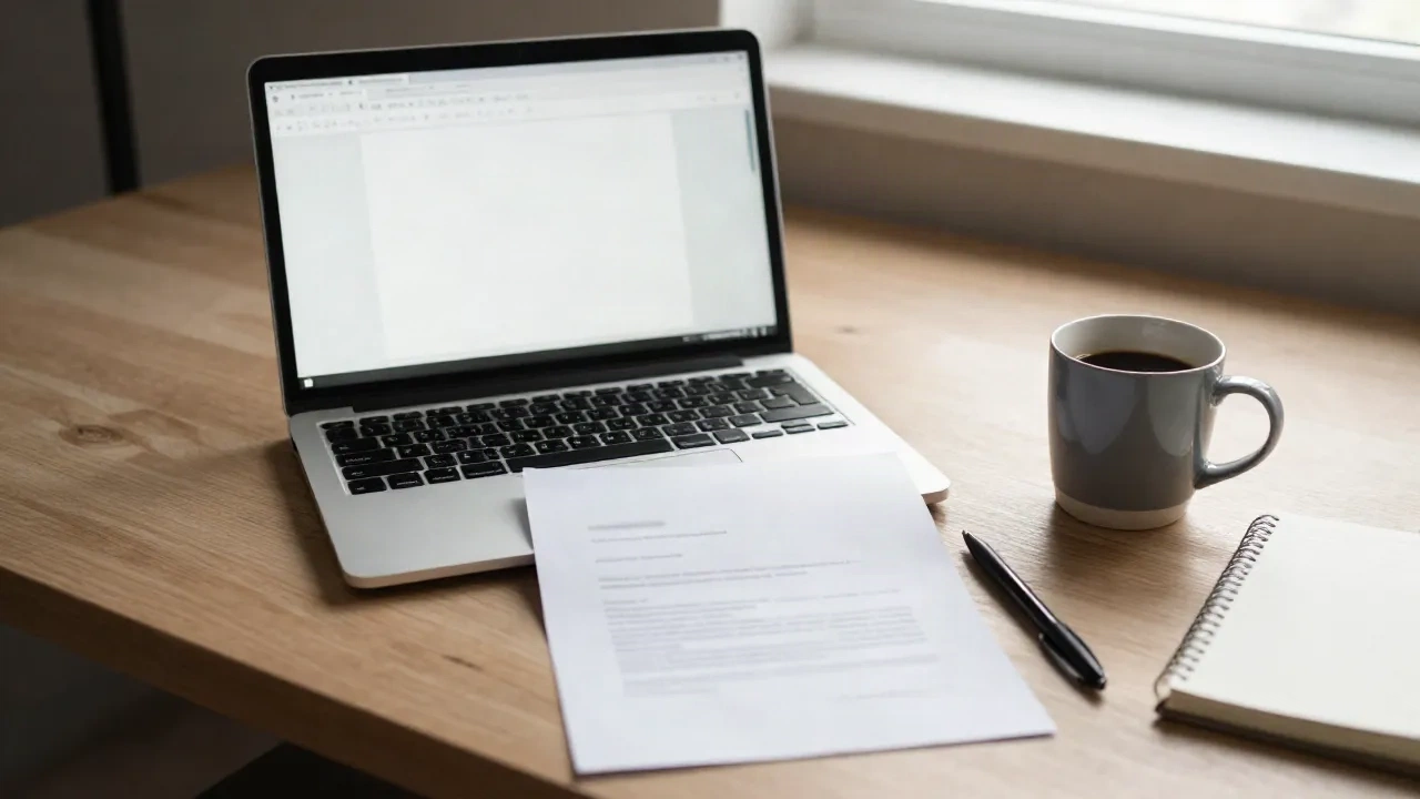 Mesa com notebook, uma carta de apresentação impressa em uma página e uma caneta pronta para escrever