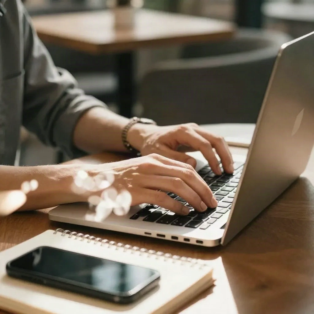 Mains tapant sur un ordinateur portable à une table de café, à côté d'un carnet et d'un téléphone