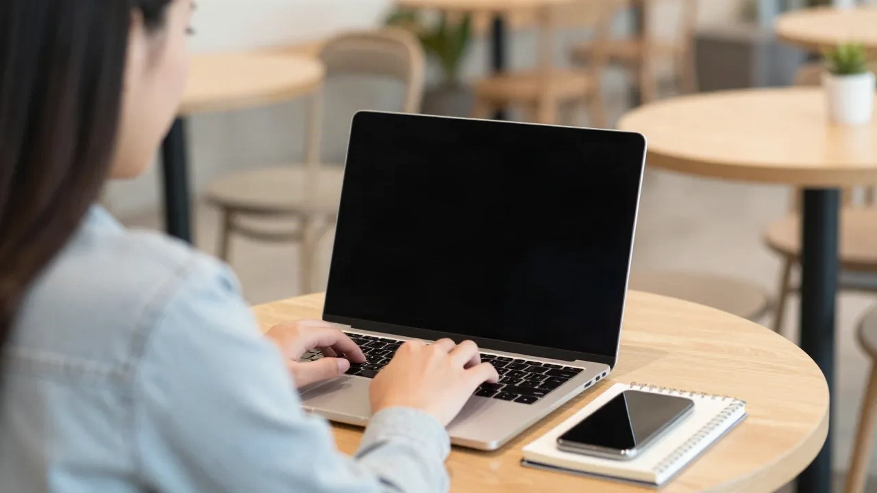 Job seeker typing on a laptop at a cafe table next to a notebook and phone